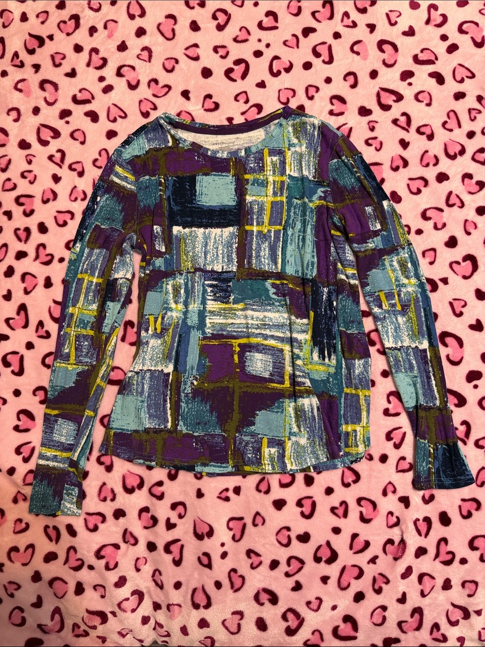 Y2K Abstract Print Long-Sleeve Women's Sweater - Purple & Teal